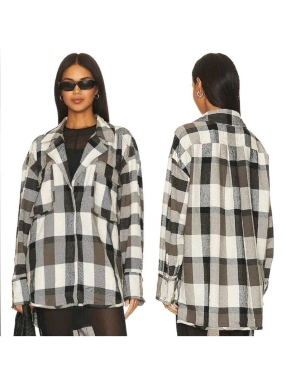 Free People We The Free Izzy Plaid Flannel Cargo Shacket Shirt Oversized L